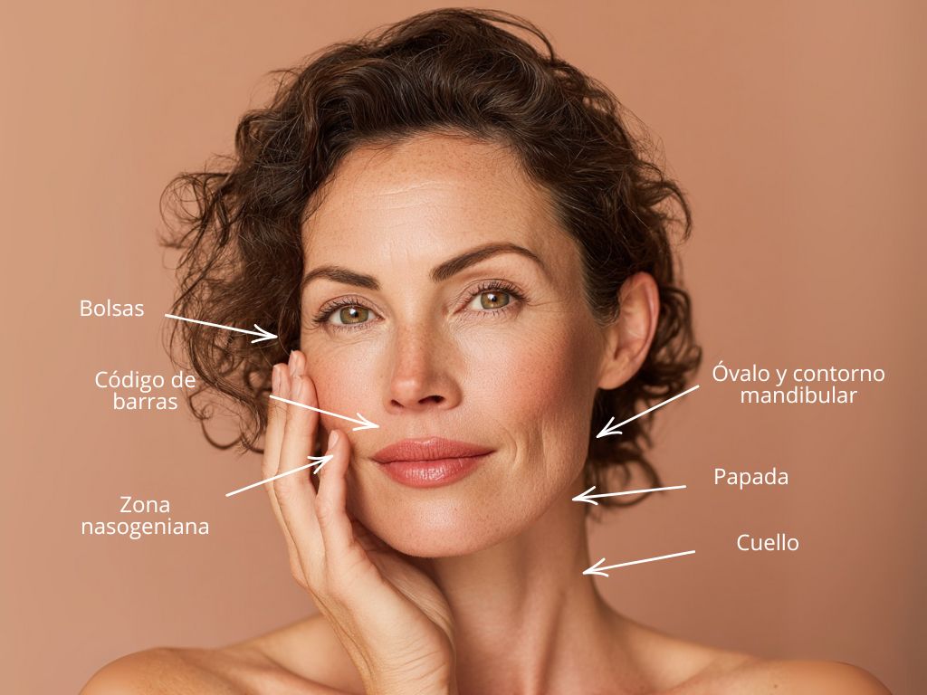 Rostro de mujer donde se señalan las zonas de aplicación de Endolift en Clínica Aroma