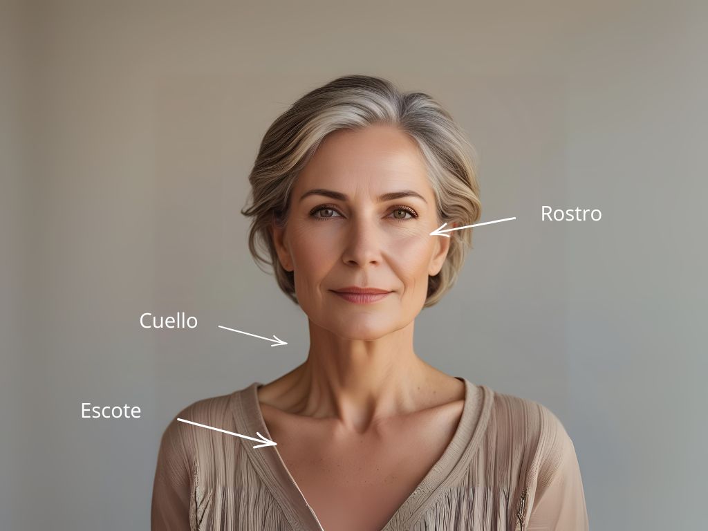 Rostro de mujer madura donde se señala las zonas de aplicación del masaje Kobido