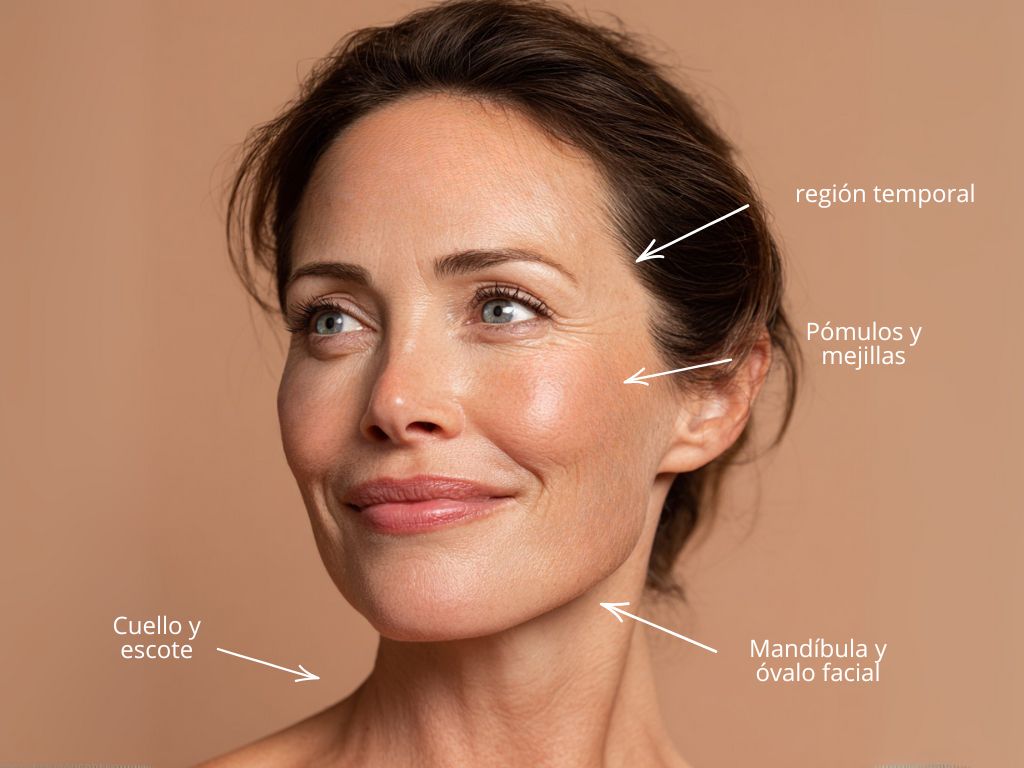 rostro de mujer donde se señalan las zonas de aplicación del tratamiento con bioestimuladores en Clínica Aroma