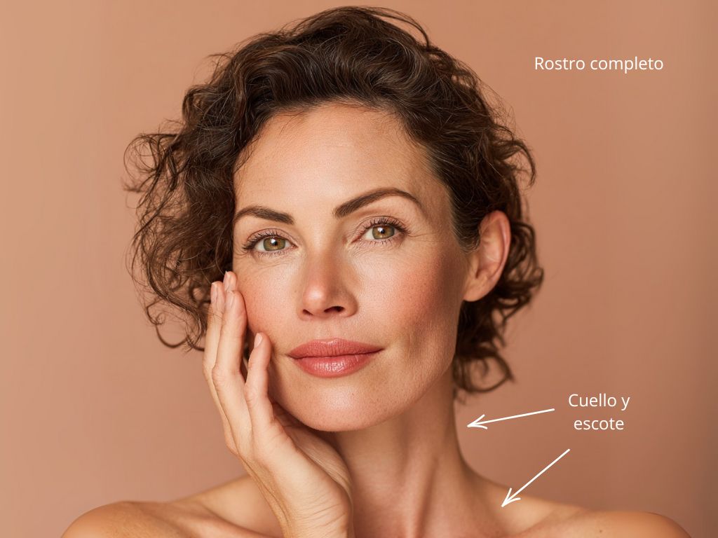 primer plano de mujer con zonas de aplicacion de tratamiento de resurfacing facial en Clinica Aroma
