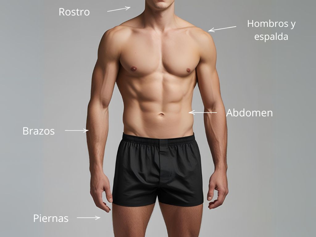 cuerpo masculino donde se señalan con flechas las zonas donde se pueden tratar las cicatrices con láser