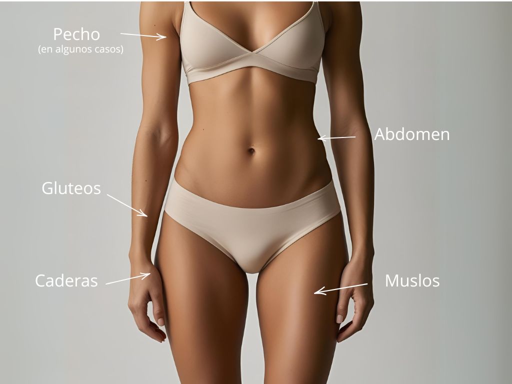 cuerpo de mujer donde se señalan las zonas normalmente afectadas por estrías